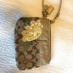 Authentic Coach Wristlet; Gold, Flower Embroidery